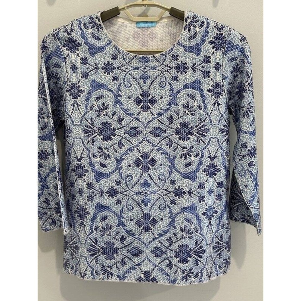 J McLaughlin Blue White Print Crew Neck All Over Sequin Covered 3/4 Slv Shirt S